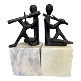 1980s Marble Based Brutalist Inspired Cast Iron Musician Sculpture Bookends - A Pair For Sale