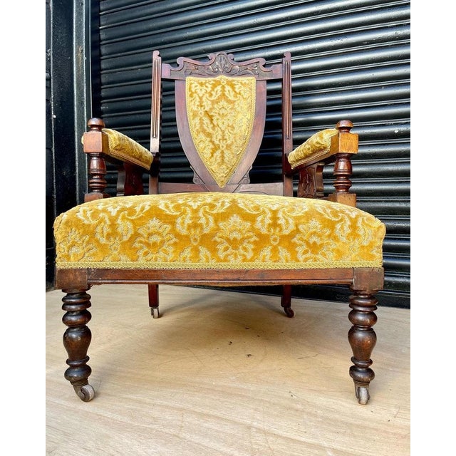 Mid-Century Modern Victorian Oak Shield-Back Armchair – Antique Upholstered Library / Occasional Chair With Carved Detail & Castors For Sale - Image 3 of 9