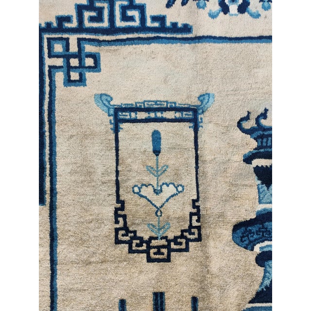 1930s Antique Beige Medallion Chinese Peking 100 Antiques Knotted Wool Rug For Sale - Image 9 of 12