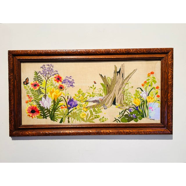 VTG 1970s Paragon Forest Reborn Crewel Framed Wow! Signed and Dated Embroidery For Sale In Los Angeles - Image 6 of 8