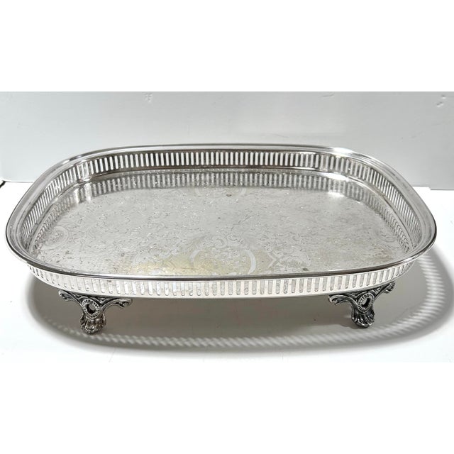 Antique Silverplate Footed Gallery Tray With Engraved Surface and Cast Feet, C. 1900 For Sale - Image 4 of 12