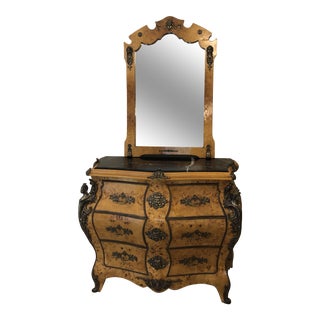 Louis XV Style Marble Top Bombe Six Drawer Commode Dresser With Ormolu and Matching Mirror For Sale