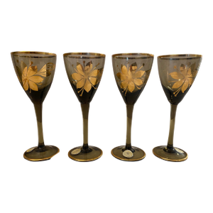 Vintage Czech Gilded Brown Stemmed Glass Aperitif - A Set of Four