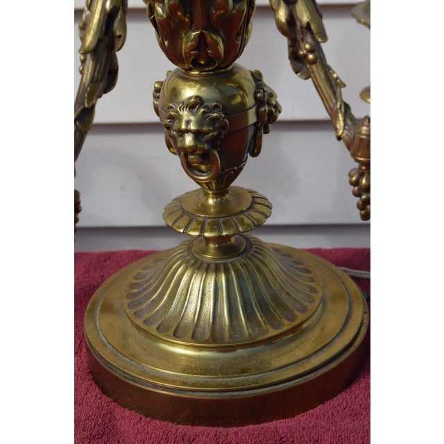 Pair of Early 20th Century Table Top 4 Lights Candelabra Victorian Style Lamps with Lion Heads in Brass For Sale - Image 11 of 12