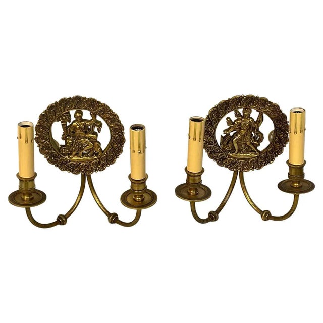 1950s French Bronze & Mirror Medallion 'America & Europe' Wall Sconces - A Pair For Sale - Image 11 of 11