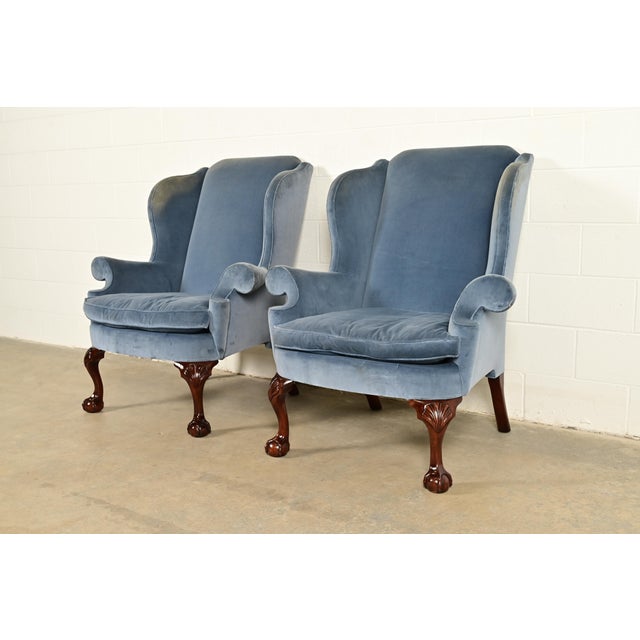 Kindel Furniture Chippendale Carved Mahogany Blue Velvet Upholstered Wingback Lounge Chairs, Pair For Sale - Image 14 of 14