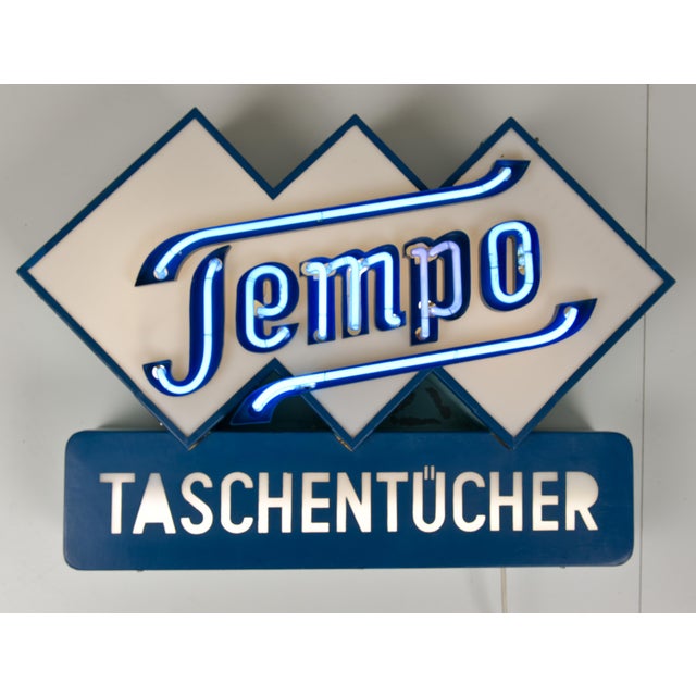 Original neon sign for drugstores, etc., Germany, circa 1950. This sign corresponds to the new design of Tempo tissues...