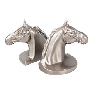 Mid 20th Century Vintage Silver Tone Equestrian Horse Bookends - a Pair For Sale