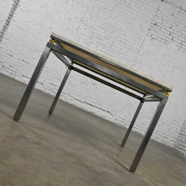 Modern Custom Tube Steel End Table With Travertine Top & Brass Plate Sphere Details by Jensen Design Inc For Sale - Image 6 of 13