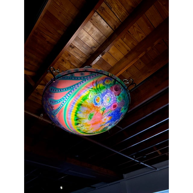 This gorgeous original Ulla Darni 34 inch chandelier is reverse painted on glass with hand-forged iron work. The colors...