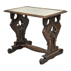 Antique Renaissance Revival Carved Winged Maiden Walnut Mirror Top Side Table