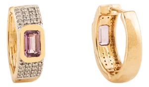 14k Yellow Gold Octagon Sapphire & Diamond Pink Contemporary Hoop Earrings- A Pair