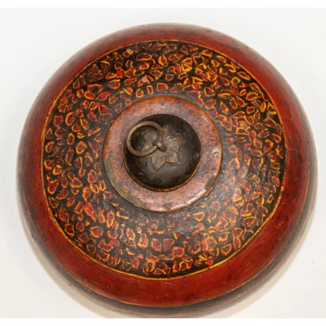 Vintage Asian Red and Black Painted Wooden Round Lidded Box With Metal Ring Handle For Sale - Image 12 of 17