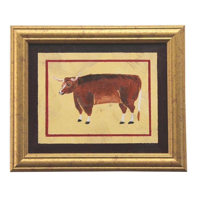 Bull Cow Steer Americana Folk Art Minimalism Goldenrod Brown Burnt Orange Original Oil Painting by Cleo Plowden For Sale