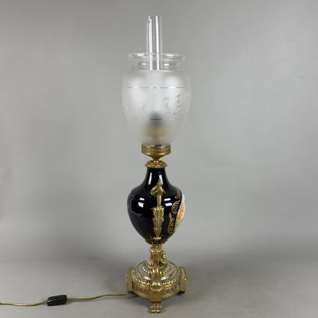 Antique French Porcelain, Brass and Satin Glass Table Lamp, 20th Century For Sale - Image 3 of 13