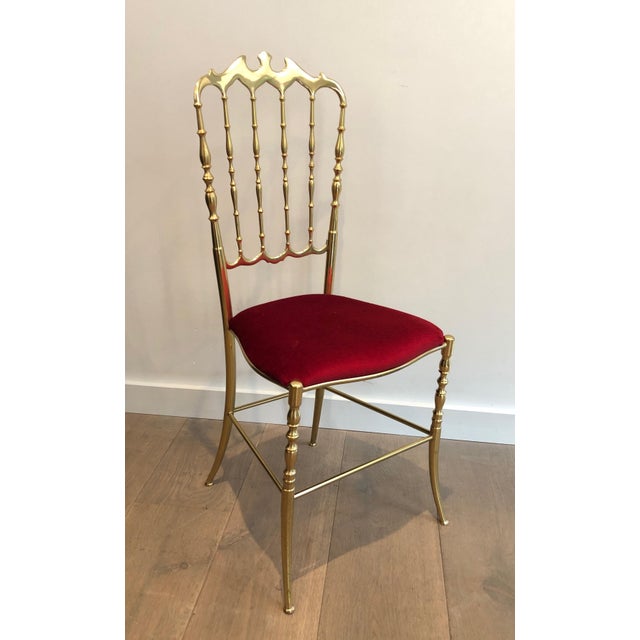 Chiavari 1940s Italian Brass Chiavari Chair and Stool, Seats Covered in Red Velvet- 2 Pieces For Sale - Image 4 of 12