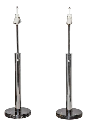 1950s Nessen Studios Chrome & Portoro Marble Tall "Skyscraper" Table Lamps - a Pair