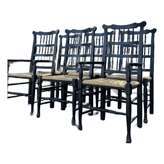 Set of 6 Vintage Black Painted Spindle-Back & Ladder-Back Rush Seat Dining Chairs For Sale