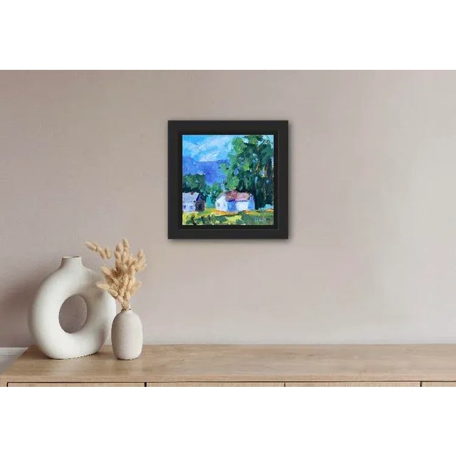 8x8 oil on linen panel Sunlit House Original oil painting landscape. Signed Haas Frames shown are sample only. Unframed.