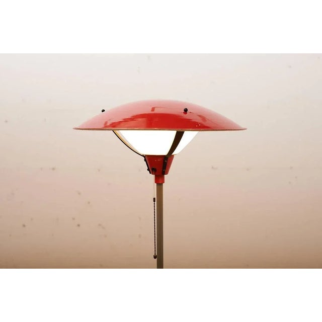 Gray Painted Tubular Steel Floor Lamp with Black Metal Base, Red Painted Metal Shade and Frosted Glass Diffuser, in Good...