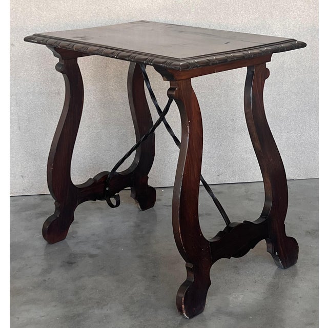 Baroque Side Table of Walnut with Carved Lyre Legs and Top, Spanish, 19th Century For Sale - Image 3 of 18