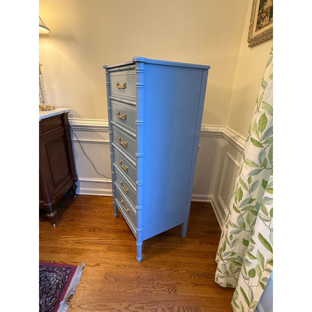 1970s Henry Link Bali Hai Faux Bamboo Lingerie Chest in Custom High-Gloss Blue Lacquer For Sale In Philadelphia - Image 6 of 9