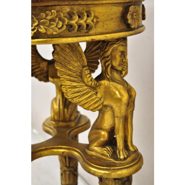 Late 20th Century Egyptian Revival Gold Giltwood Marble Top Sphinx Pedestal Side Table Plant Stand For Sale - Image 4 of 12