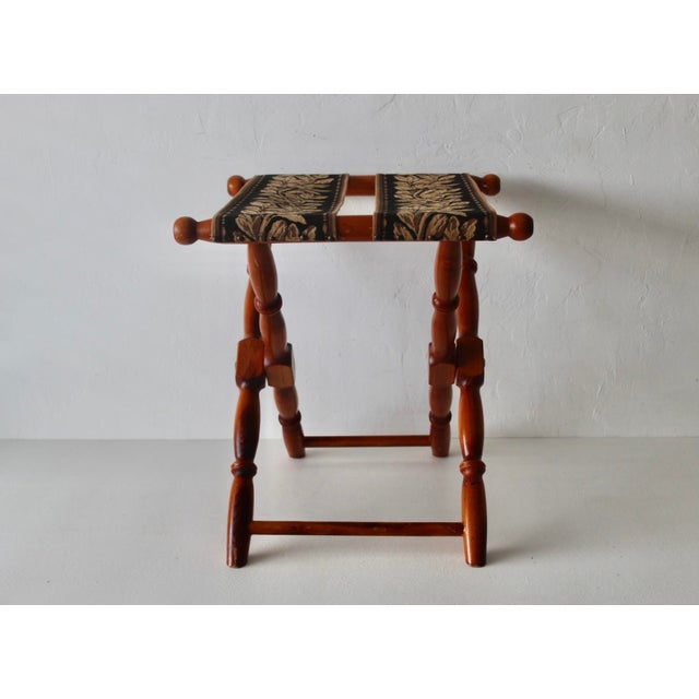 Vintage French Beechwood and Tapestry Folding Luggage Rack Nailhead Detail For Sale - Image 11 of 18