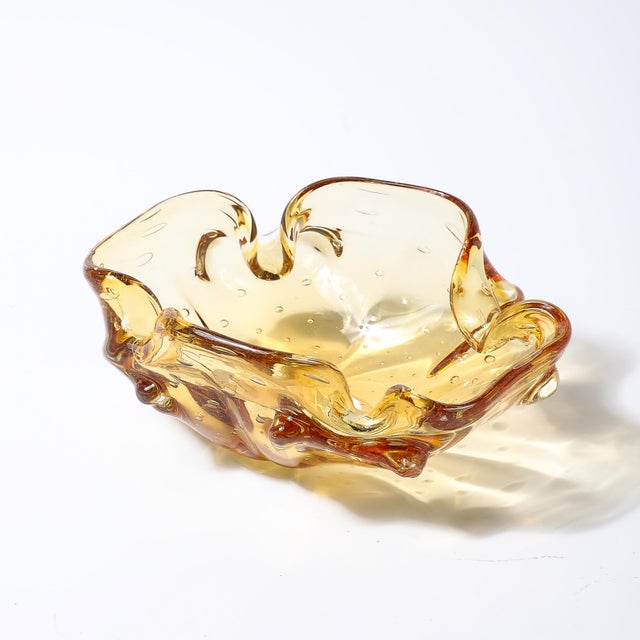 Mid-Century Modernist Hand-Blown Murano Glass Bowl in Amber W/ Crimped Detailing For Sale - Image 10 of 11