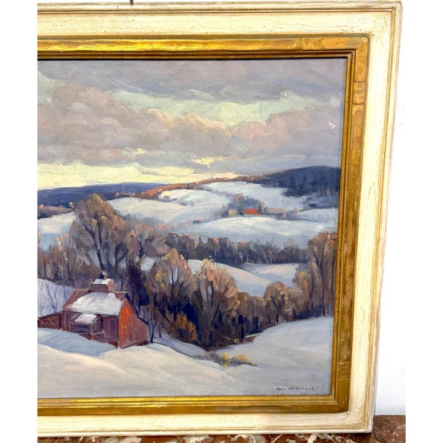 Art Deco George Lingle Wilstach (American, 1892–1973) Winter Hillside with Red Barn For Sale - Image 3 of 9