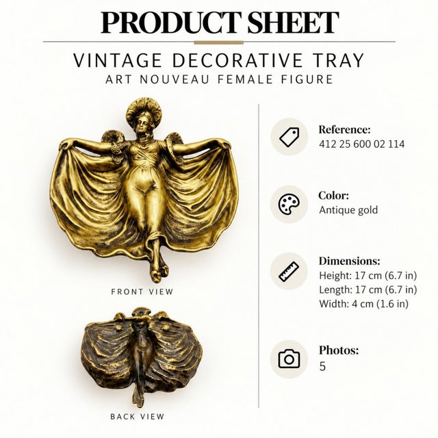 Metal Art Nouveau Vide-Poche with Female Figure in Bronze-Toned Metal, 1890s For Sale - Image 7 of 8