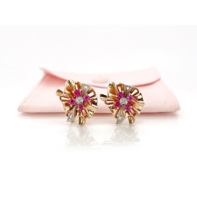 American Retro 1940s Old European Cut Diamond & Ruby Screw Back Earrings, Non-Pierced For Sale - Image 3 of 10