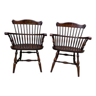 Pair of Vintage Hitchcock Style Solid Wood Windsor Open Armchairs. For Sale