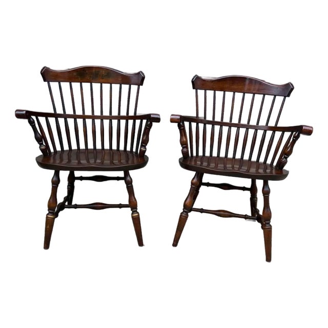 Pair of Vintage Hitchcock Style Solid Wood Windsor Open Armchairs. For Sale