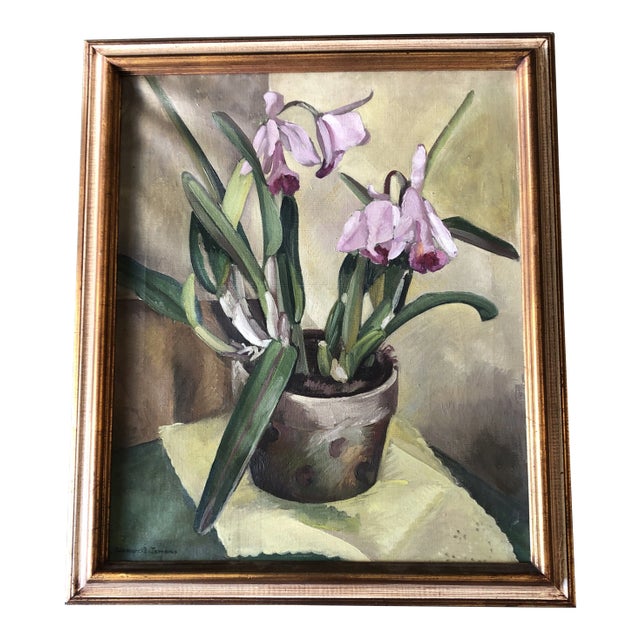 Original Vintage 1940’s Modernist Still Life Painting Orchids For Sale