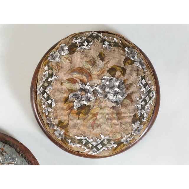 Wood Antique Collection (3) English Beaded Needlepoint Ladies Ottoman or Footstools For Sale - Image 7 of 12