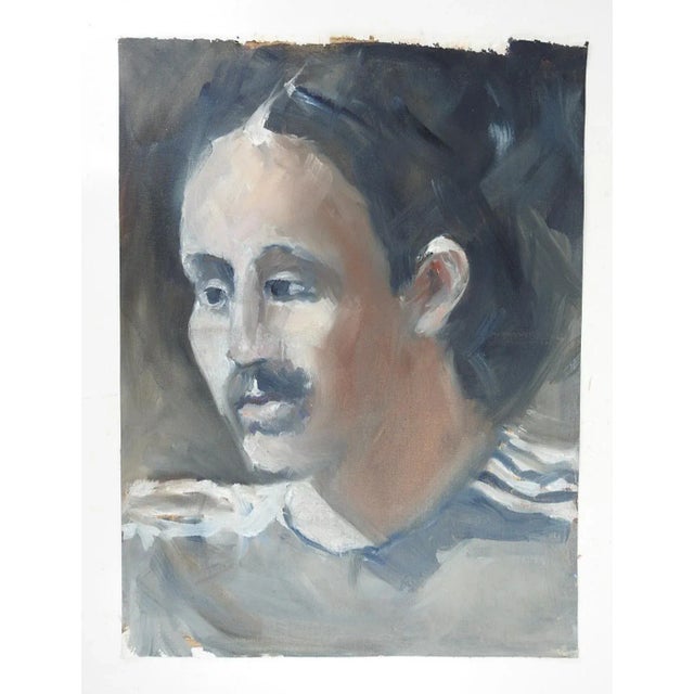 Late 20th century oil on canvas portrait painting of black haired young man in gray shirt. Unsigned, by Ralph Quintana...