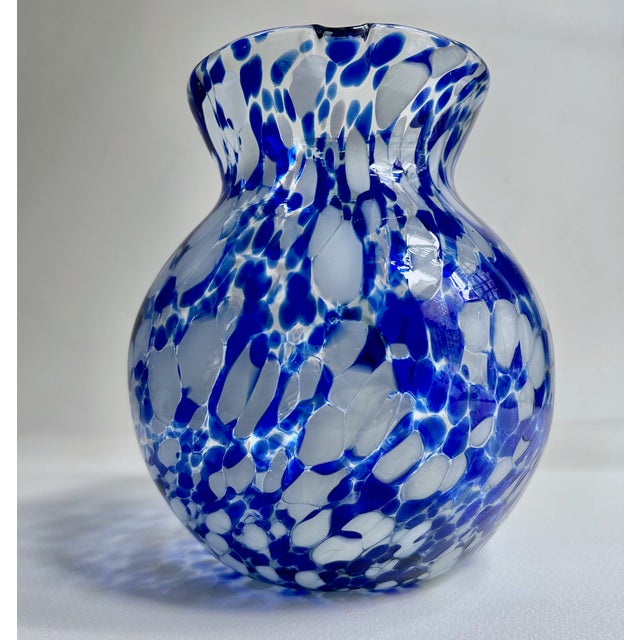 Glass Vintage Hand Blown Blue & White Spatter Handled Glass Pitcher For Sale - Image 7 of 16