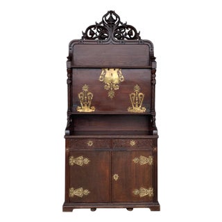 Late 19th Century Arts & Crafts Oak Sideboard with Dry Bar Top and Cupboard in Oak, Bronze & Brass For Sale