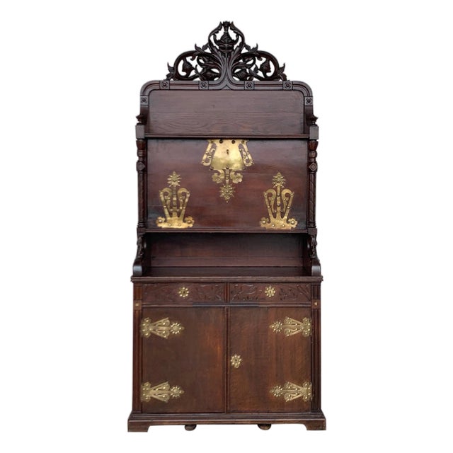 Late 19th Century Arts & Crafts Oak Sideboard with Dry Bar Top and Cupboard in Oak, Bronze & Brass For Sale