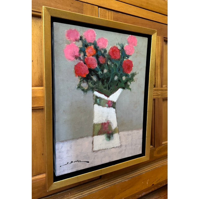 Contemporary Red Bouquet in a White Vase", by S. Burr, Oil on Canvas For Sale - Image 3 of 8