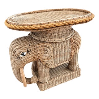 Vintage 1970’s Natural Wicker Elephant Tractable With Attached Glass Top Tray, Made in Hong Kong For Sale