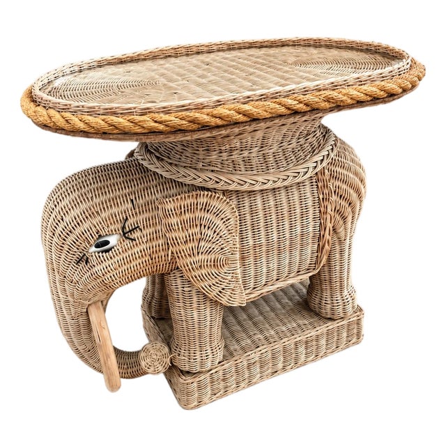 Vintage 1970’s Natural Wicker Elephant Tractable With Attached Glass Top Tray, Made in Hong Kong For Sale