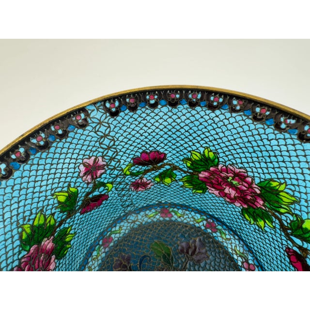 Sky Blue Vintage Mid 20th Century Chinese Cloisonné Decorative Bowl in Brilliant Sky Blue With Floral Motif For Sale - Image 8 of 16