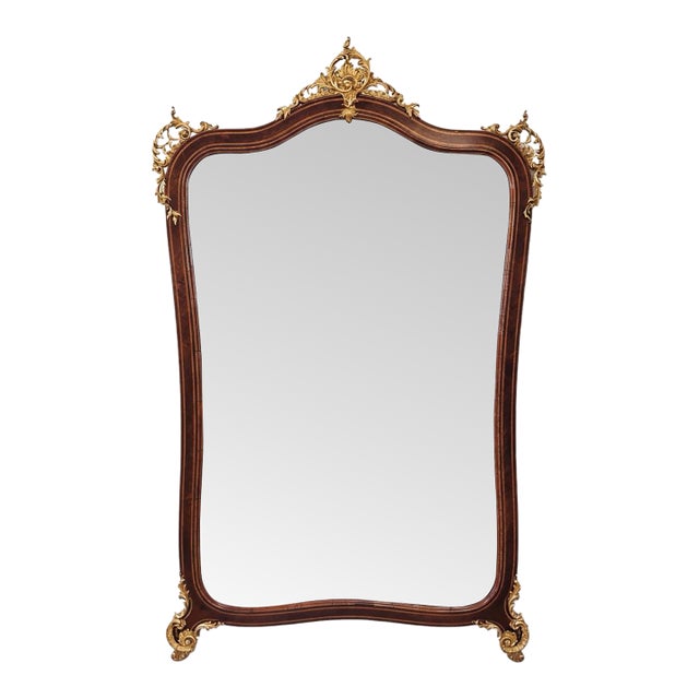 Grand Inlaid Mahogany Floor Mirror With Gilt Bronze Mounts 76"h For Sale