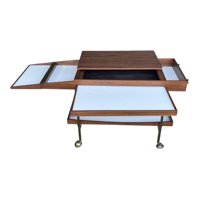 Paul McCobb Style Mid-Century Walnut Bar Cart With Brass Accents For Sale - Image 10 of 14