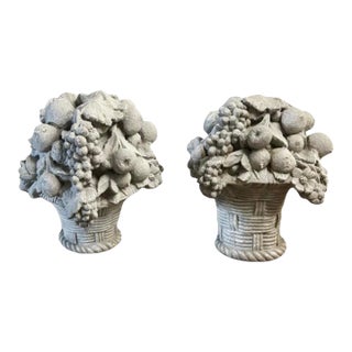 Pair of Vintage Cast Stone Fruit Basket Garden Ornaments For Sale