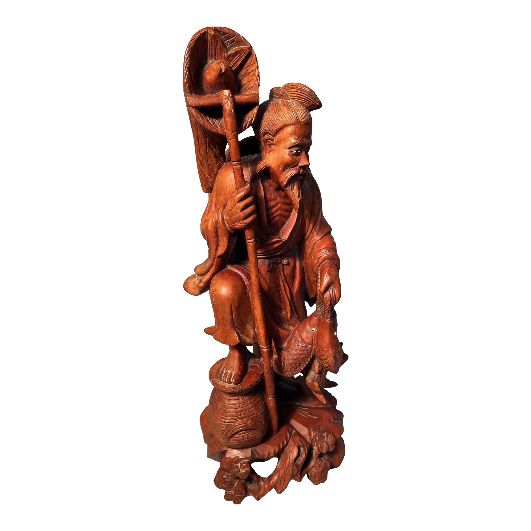 Wood Carved Chinese Statue C1900 Fisherman Zen Inspired Fish Net