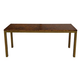 1970s Modern Burl Walnut and Brass Parson’s Style Console Table / Slim Desk For Sale
