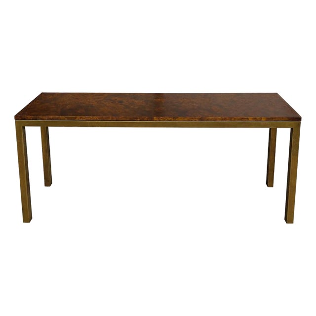 1970s Modern Burl Walnut and Brass Parson’s Style Console Table / Slim Desk For Sale